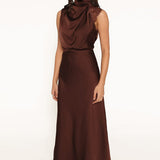 Anabelle Halter Dress With Lace Inserts - Chocolate
