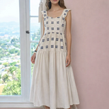Strap Ruffle Sleeve Midi Dress - Cream/Navy