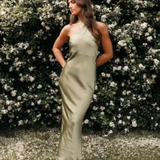 Grasie Midi Satin Halter Dress - Olive