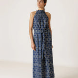 Halter-neck Dress With Belt - Blue Combo