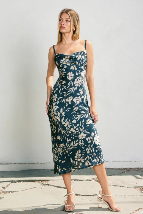 Floral Cowl Neck X Back Midi Dress- Teal