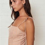 Gingham Tie Strap Mini Dress - Chestnut