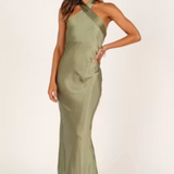 Grasie Midi Satin Halter Dress - Olive