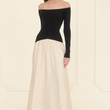 Off the Shoulder Sweater Mix Media Midi Dress - Black/Ivory