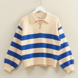 Polo Collar Striped Sweater- Cobalt Combo