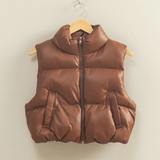 Faux Leather Puffer Vest- Chestnut