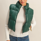 Faux Leather Puffer Vest- Dark Green