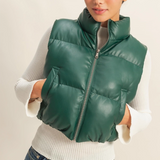 Faux Leather Puffer Vest- Dark Green