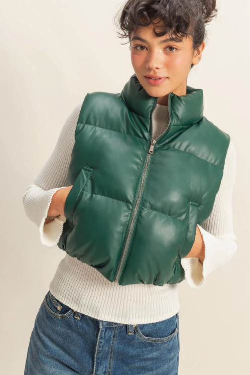 Faux Leather Puffer Vest- Dark Green
