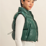 Faux Leather Puffer Vest- Dark Green