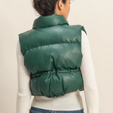 Faux Leather Puffer Vest- Dark Green