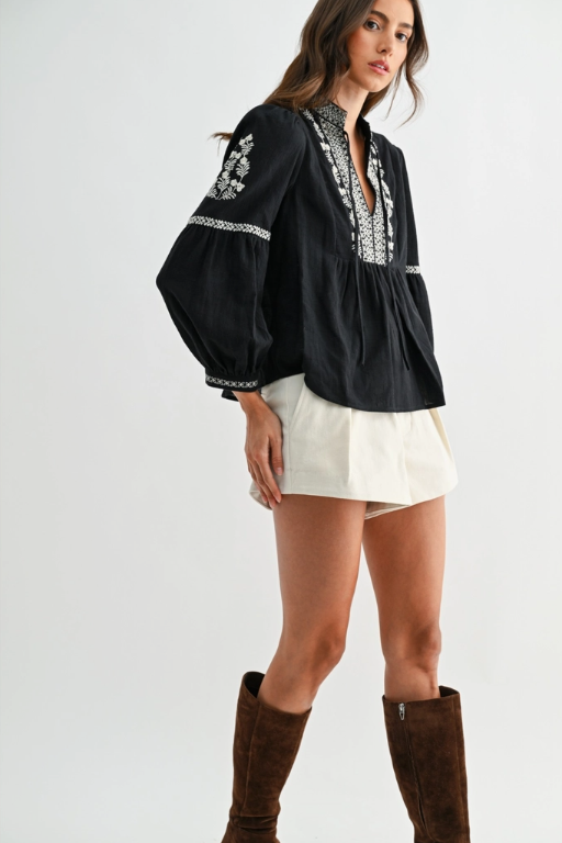 Black Embroidered Boho V-Neck Blouse - Black