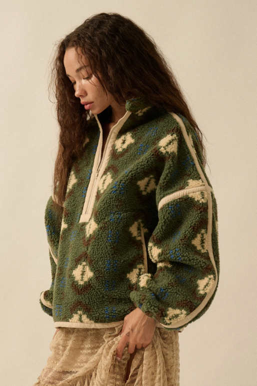 Geo-Print Sherpa Fleece Half-Zip Pullover Jacket - Green Combo