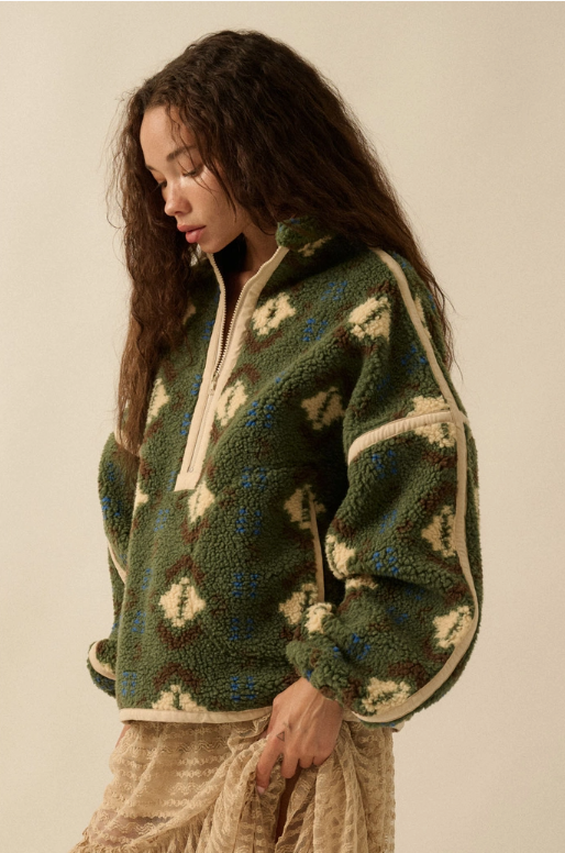 Geo-Print Sherpa Fleece Half-Zip Pullover Jacket - Green Combo