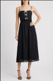 Spaghetti Strap Pleated Chiffon Midi Dress - Black