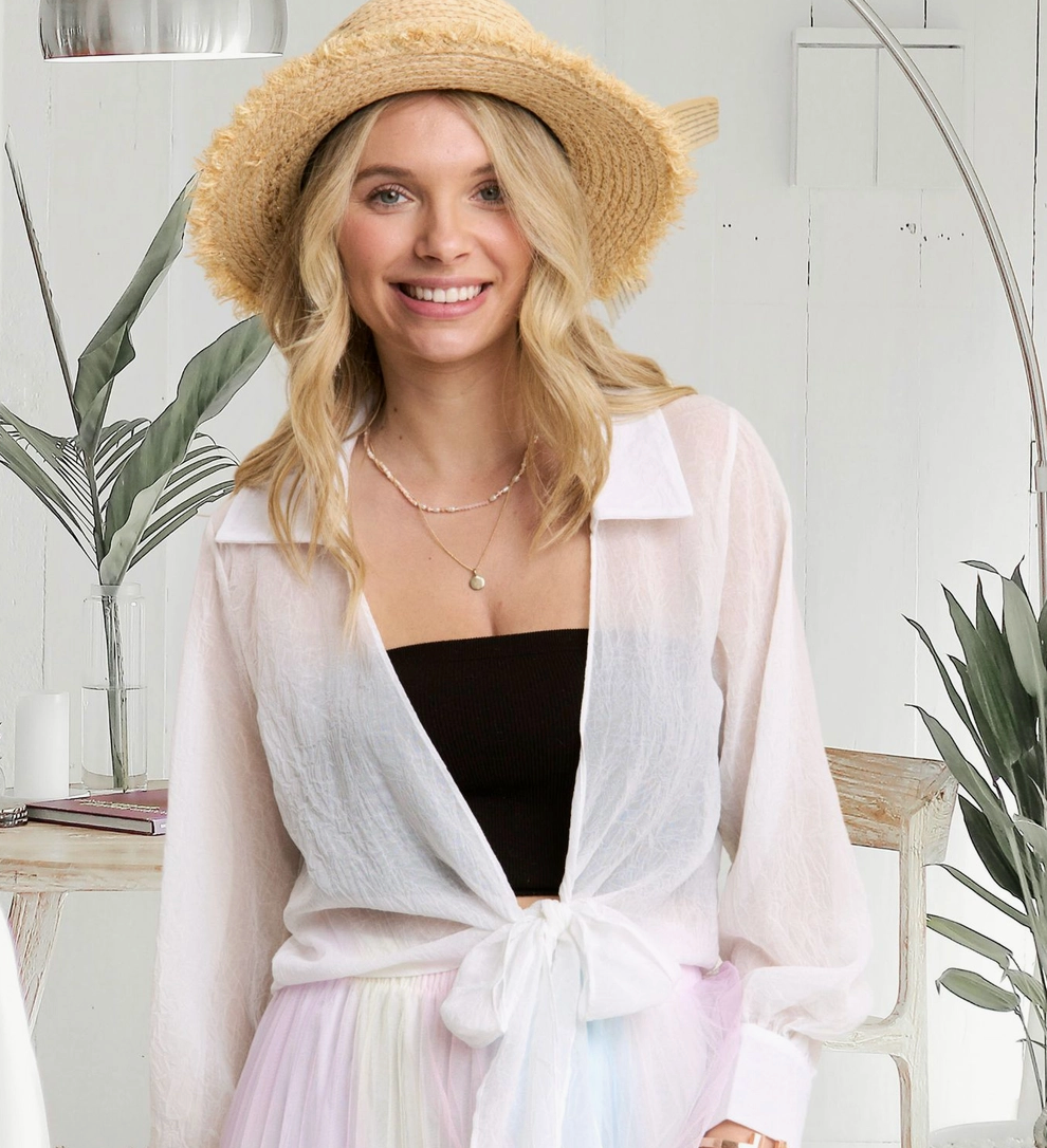 Woven Front Tie Sheer Blouse