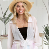 Woven Front Tie Sheer Blouse