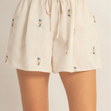 Embroidered Drawstring Shorts - Oatmeal/Green