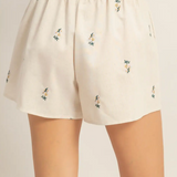 Embroidered Drawstring Shorts - Oatmeal/Green