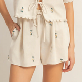 Embroidered Drawstring Shorts - Oatmeal/Green