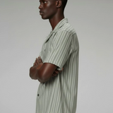 Cuban Collar Striped Short Sleeve Shirt - Sage