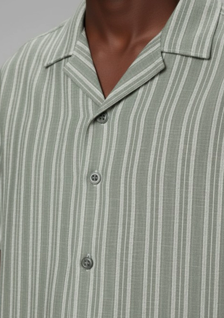 Cuban Collar Striped Short Sleeve Shirt - Sage