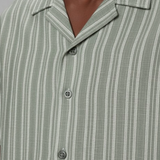 Cuban Collar Striped Short Sleeve Shirt - Sage