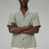 Cuban Collar Striped Short Sleeve Shirt - Sage