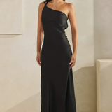 Satin One Shoulder Tie Back Maxi Dress - Black