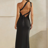 Satin One Shoulder Tie Back Maxi Dress - Black