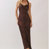 Satin Twist Back Maxi Dress - Chocolate