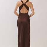 Satin Twist Back Maxi Dress - Chocolate