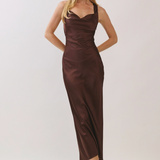 Satin Twist Back Maxi Dress - Chocolate