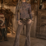 Cowgirl Print Mesh Top - Brown