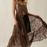 Sheer Floral Lace Button-front Maxi Dress - Chocolate