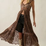 Sheer Floral Lace Button-front Maxi Dress - Chocolate