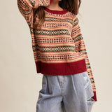 Fair Isle Knit Sweater - Burgundy Combo