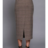 Belted Plaid Column Skirt - Taupe