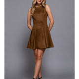 Sleeveless Vegan Suede Flared Hem Mini Dress - Brown