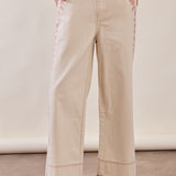 Floral Embroidered Cropped Wide-leg Pants - Cream