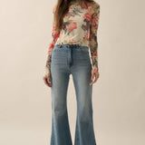 Floral-Print Mesh Mock-Neck Thumbhole Top
