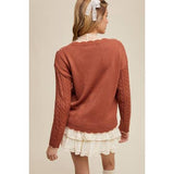 Floral Embroidered Cable Knit Sweater -  Terracotta