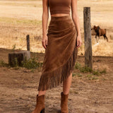 Western Fringe Hem Irregular Suede Skirt - Brown