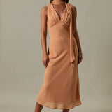 Sleeveless V-Neck Scarf Detail Midi Dress