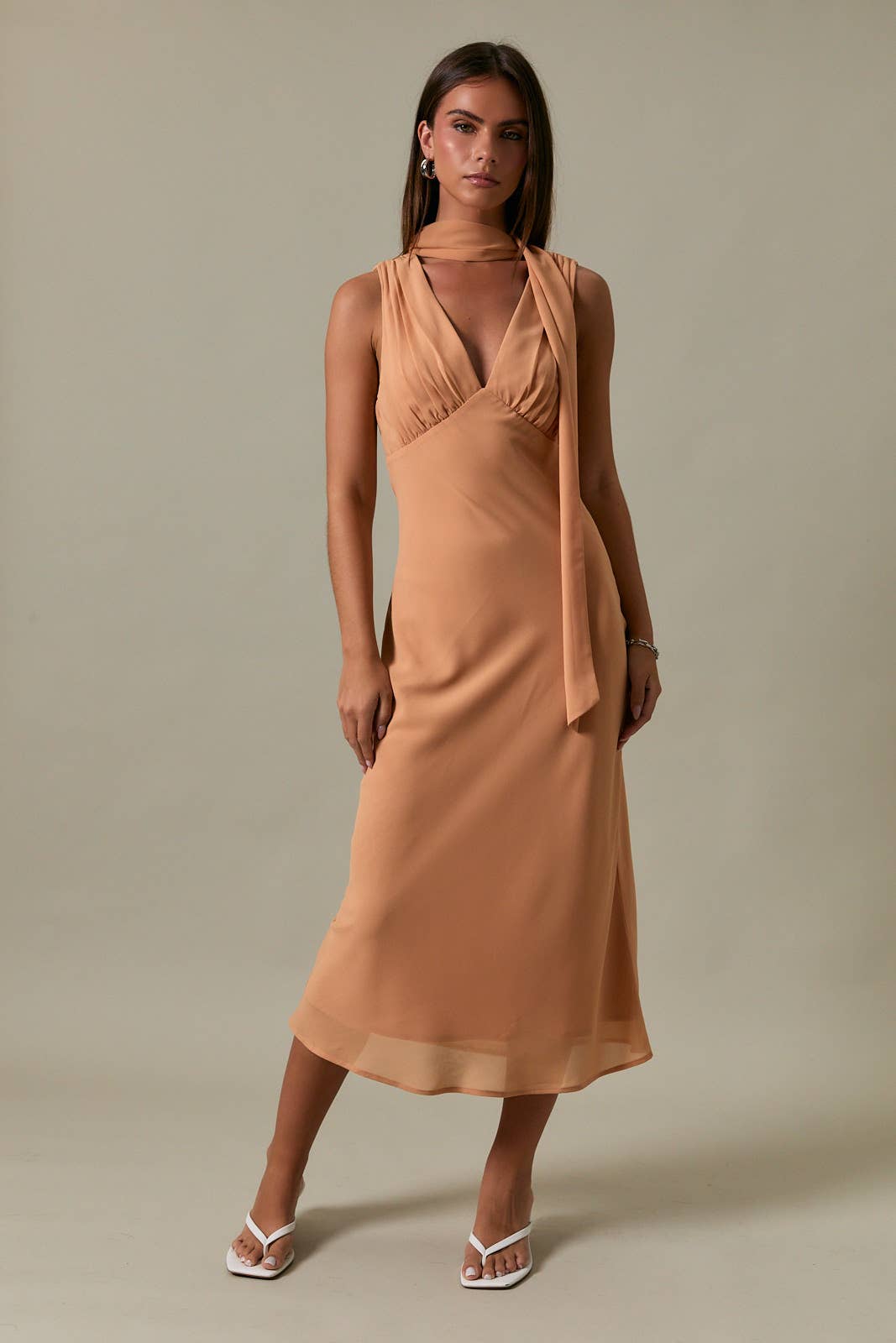 Sleeveless V-Neck Scarf Detail Midi Dress – Moka Boutique