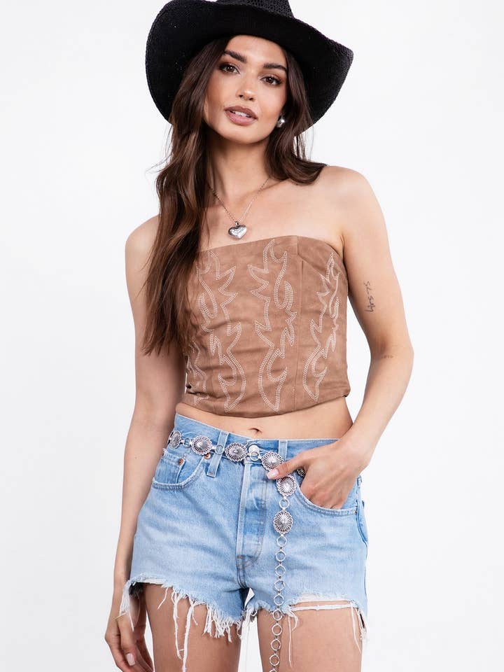 Beckee Vegan Leather Embroidered Western Corset Top