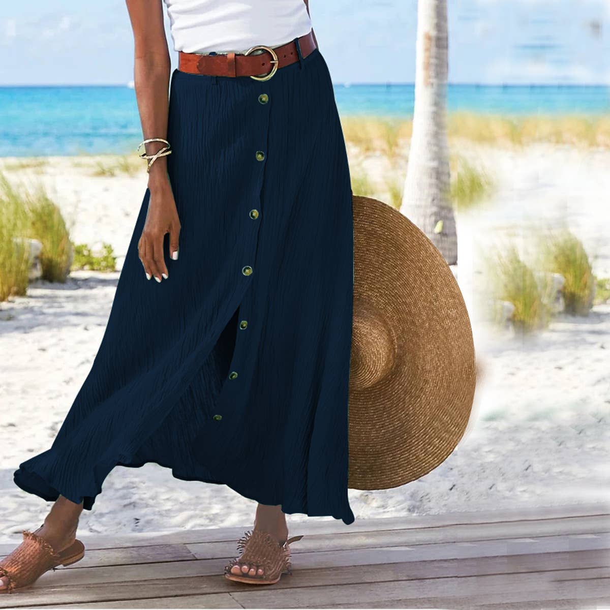 Slit A-line mid-waist single breasted long skirt