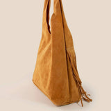 Layered Fringe Detail Suede Hobo Bag - Light Brown