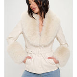 Prestige Vegan Fur-Trimmed Belted Blazer - Cream
