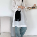 Suede-Like Microfiber Leather Crossbody Bag w/Fringe